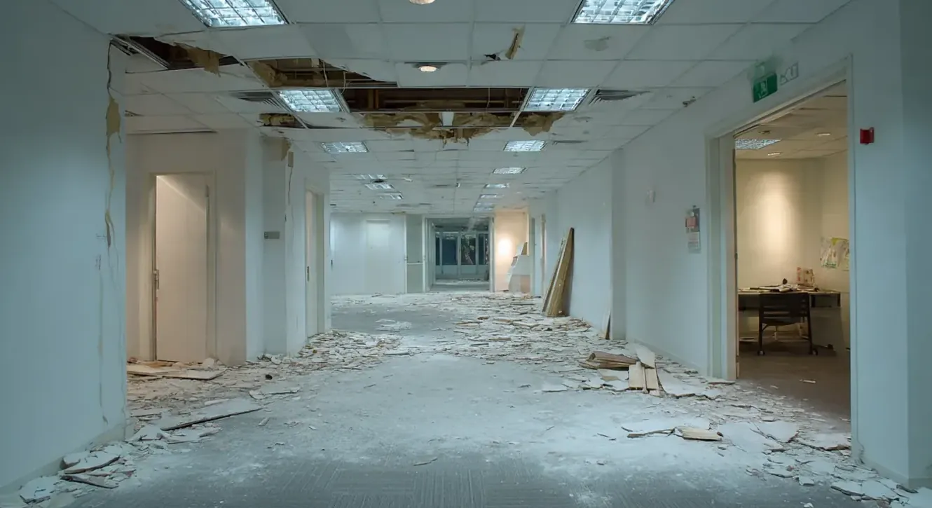 Commercial office unit stripped back to bare shell with the false ceiling opened during reinstatement